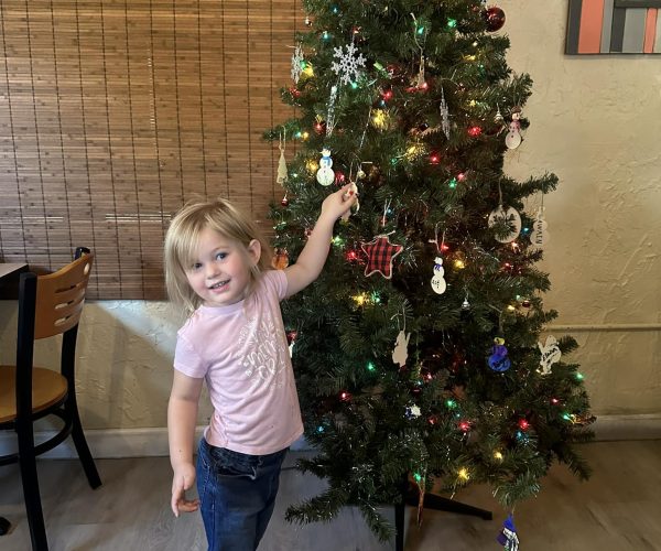 A young child with blonde hair, wearing a pink t-shirt and jeans, smiling and reaching to touch an ornament on a decorated Christmas tree inside the Oh Biscuit restaurant.