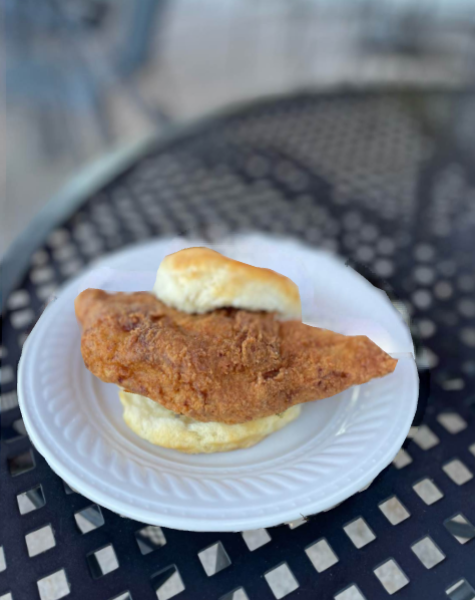 A close-up shot of a golden-brown, fried pork chop served inside a fluffy biscuit on a small white plate, resting on a black mesh outdoor table.