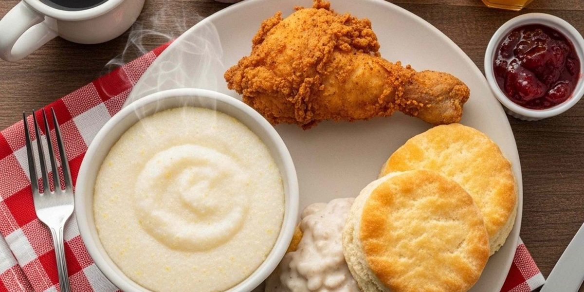 A delicious Southern-style breakfast with fried chicken, biscuits, and grits on a wooden table